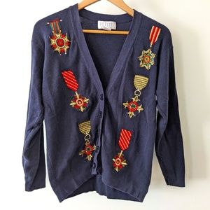 Vintage navy blue embroidered cardigan